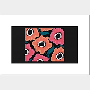 The Happy flowerpower pattern in 1970-style, pink,  black, red , orange, green Posters and Art